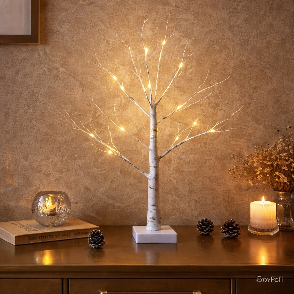 24” Lighted Birch Tree Tabletop Lamp Battery Timer Warm White LED Christmas